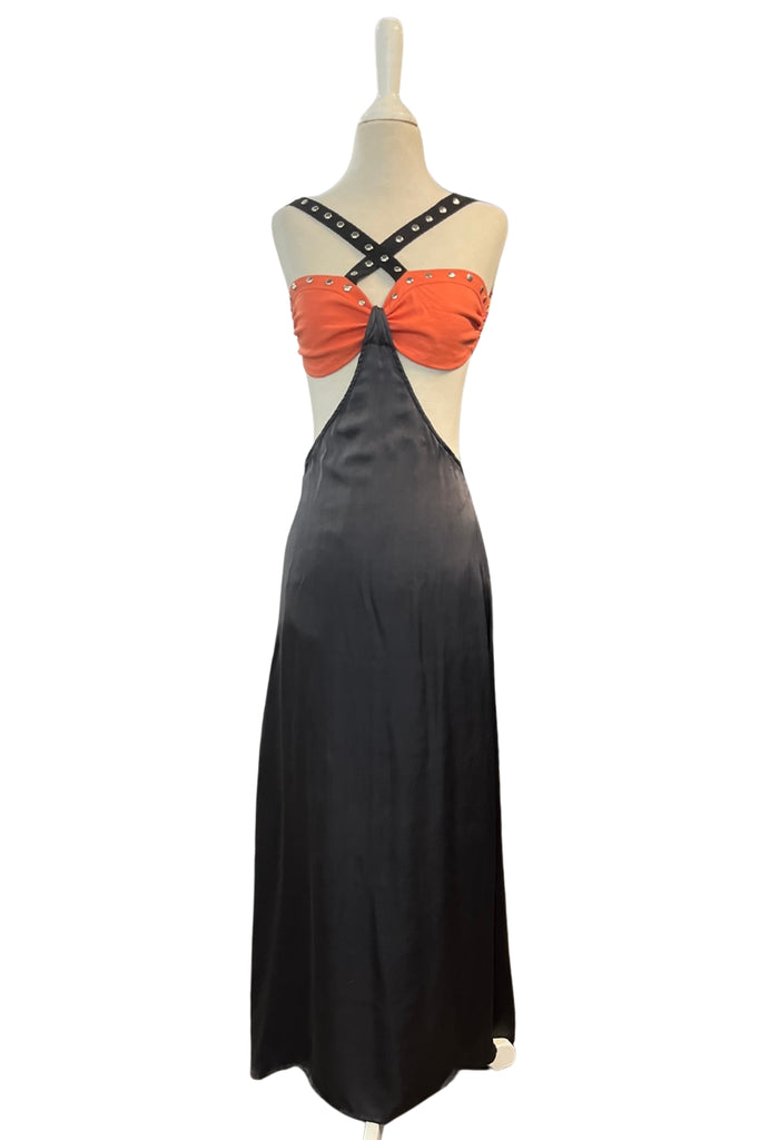 VESTIDO MAXI CINTURA ABIERTA TACHAS NEGRO