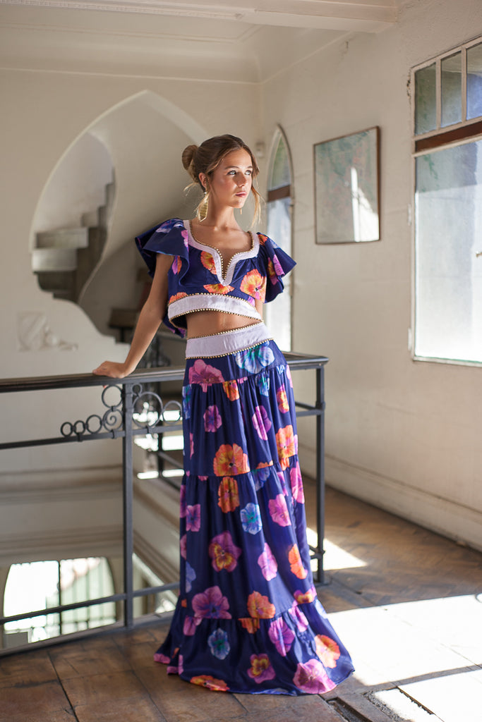 *PREVENTA* FALDA MAXI KAVYA SATIN PRINTED BLUE MOLE