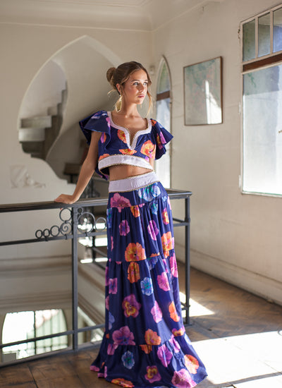 *PREVENTA* FALDA MAXI KAVYA SATIN PRINTED BLUE MOLE